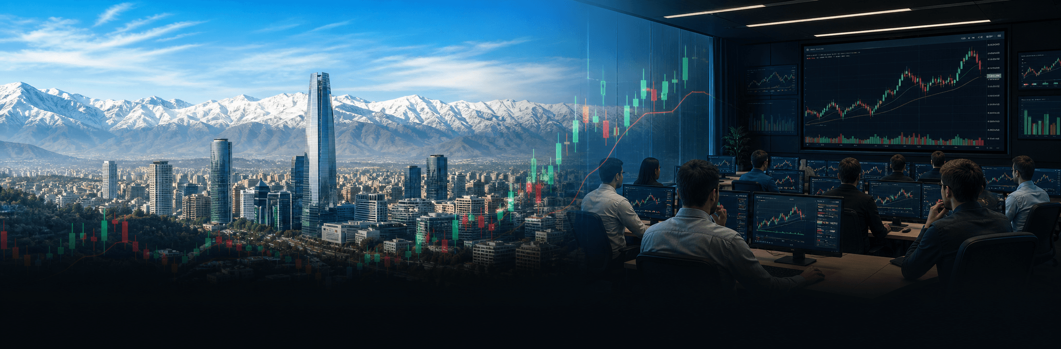 Santiago com Cordilheira dos Andes, graficos de trading e treinamento presencial em sala.